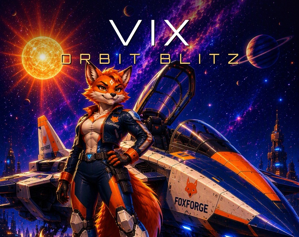 VIX: Orbit Blitz – Fox pilot standing beside her starfighter against a cosmic backdrop